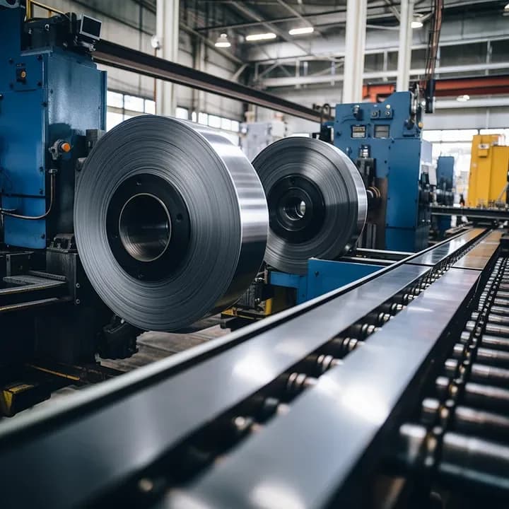 Steel coils on a processing line in a steel service centre