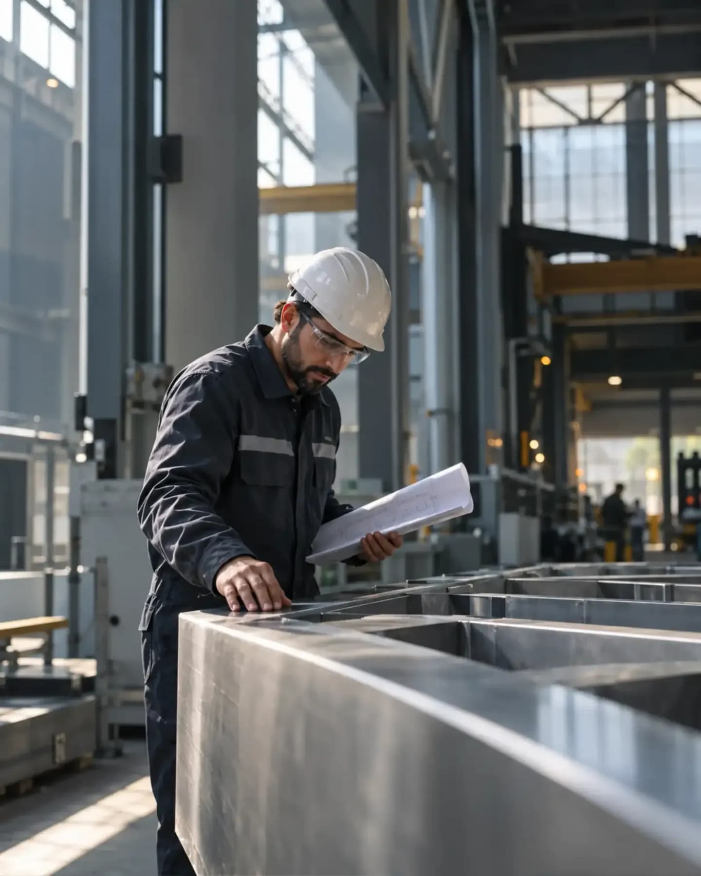 Engineer in a hard hat checking a drawing against a stainless steel fabrication